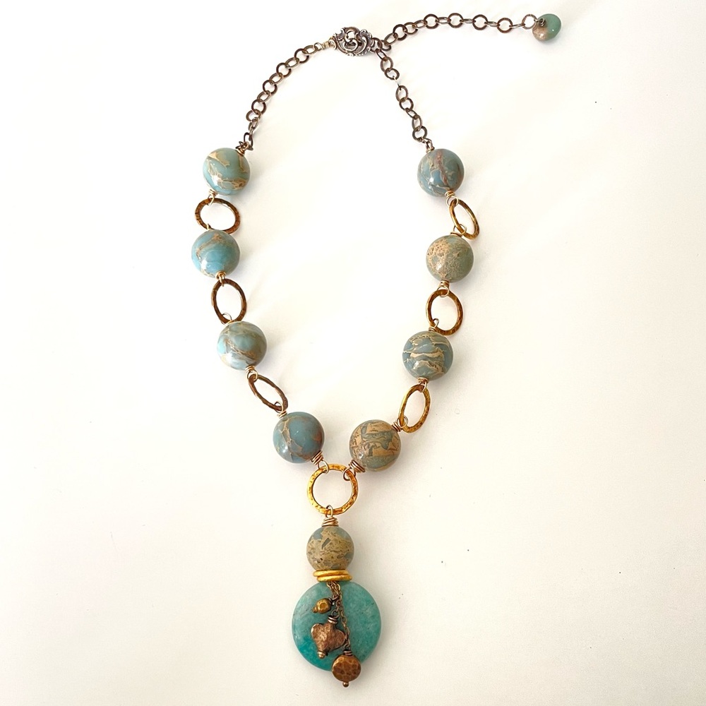 Andre artisan 925 sterling silver stone necklace wire wrapped blue green